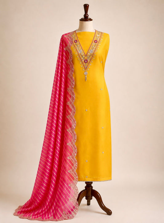 Exquisite V-Neck Butter Crepe Suit with Handcrafted Elegance