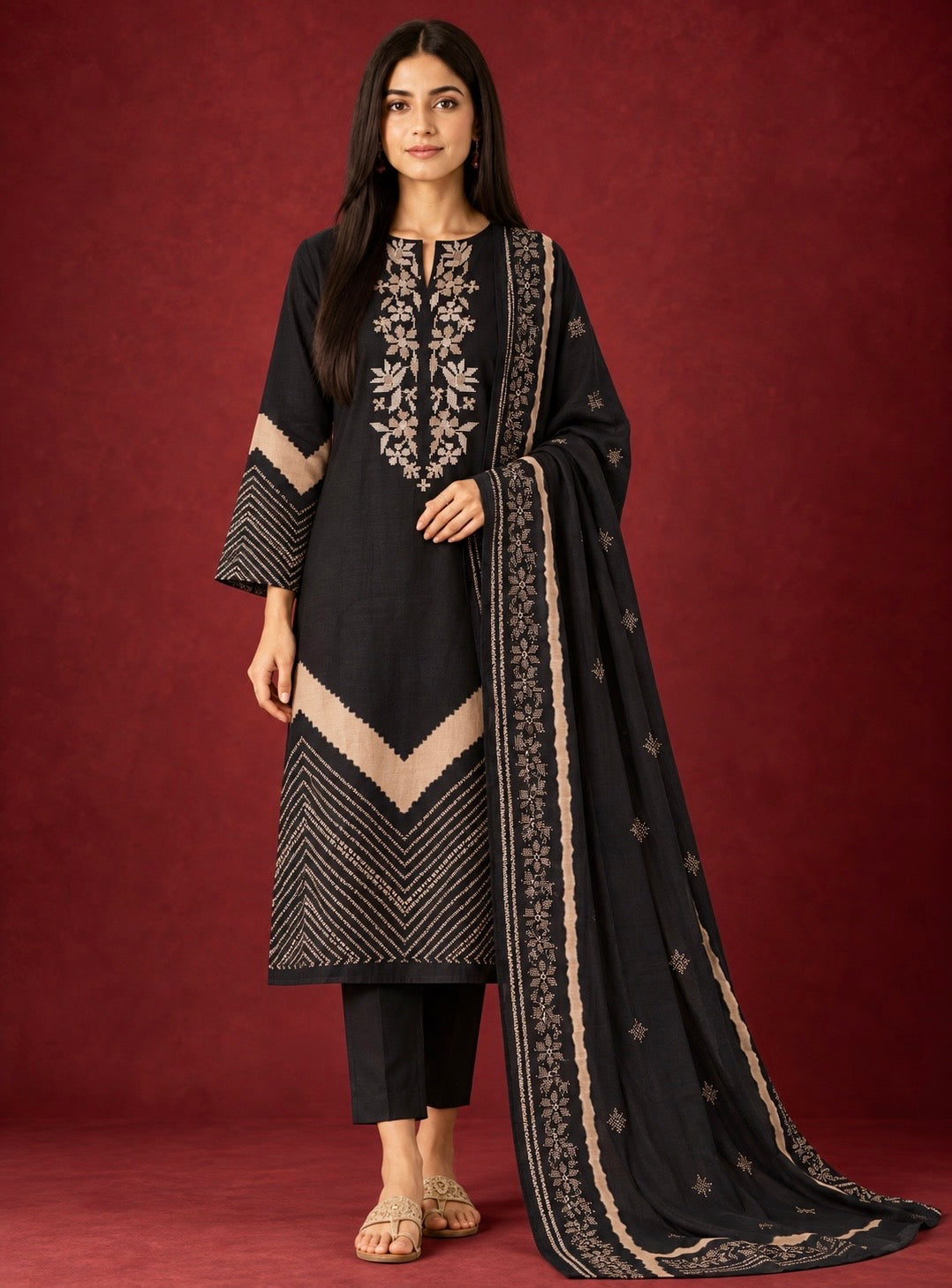 Chevron Bloom Embroidered Suit Set