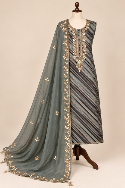 Grey Gota Phool Handwork Unstitched Suit Set