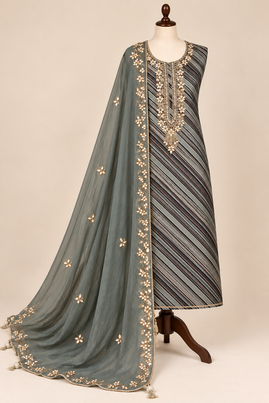Grey Gota Phool Handwork Unstitched Suit Set