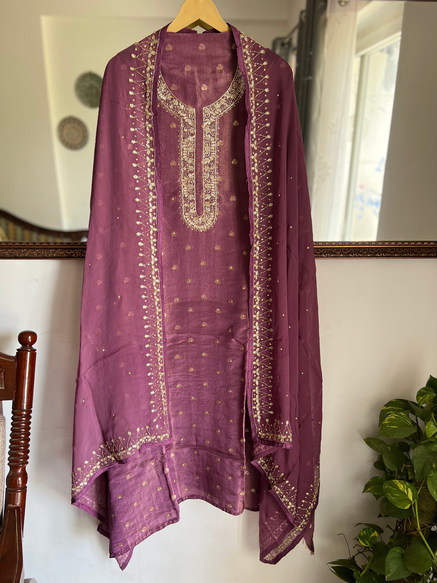 Luxury Mauve Shimmer Crepe Silk Unstitched Suit