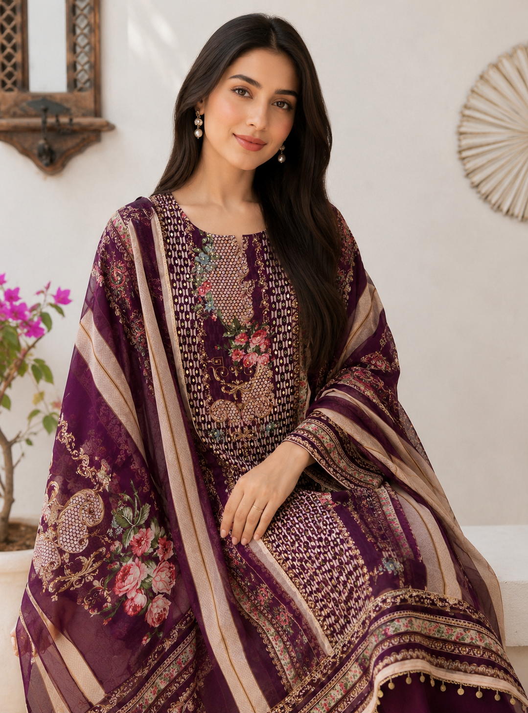 Wine Karachi Print Mirror Work Viscose Organza Suit with Dupatta