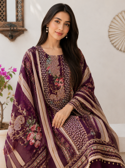 Wine Karachi Print Mirror Work Viscose Organza Suit with Dupatta