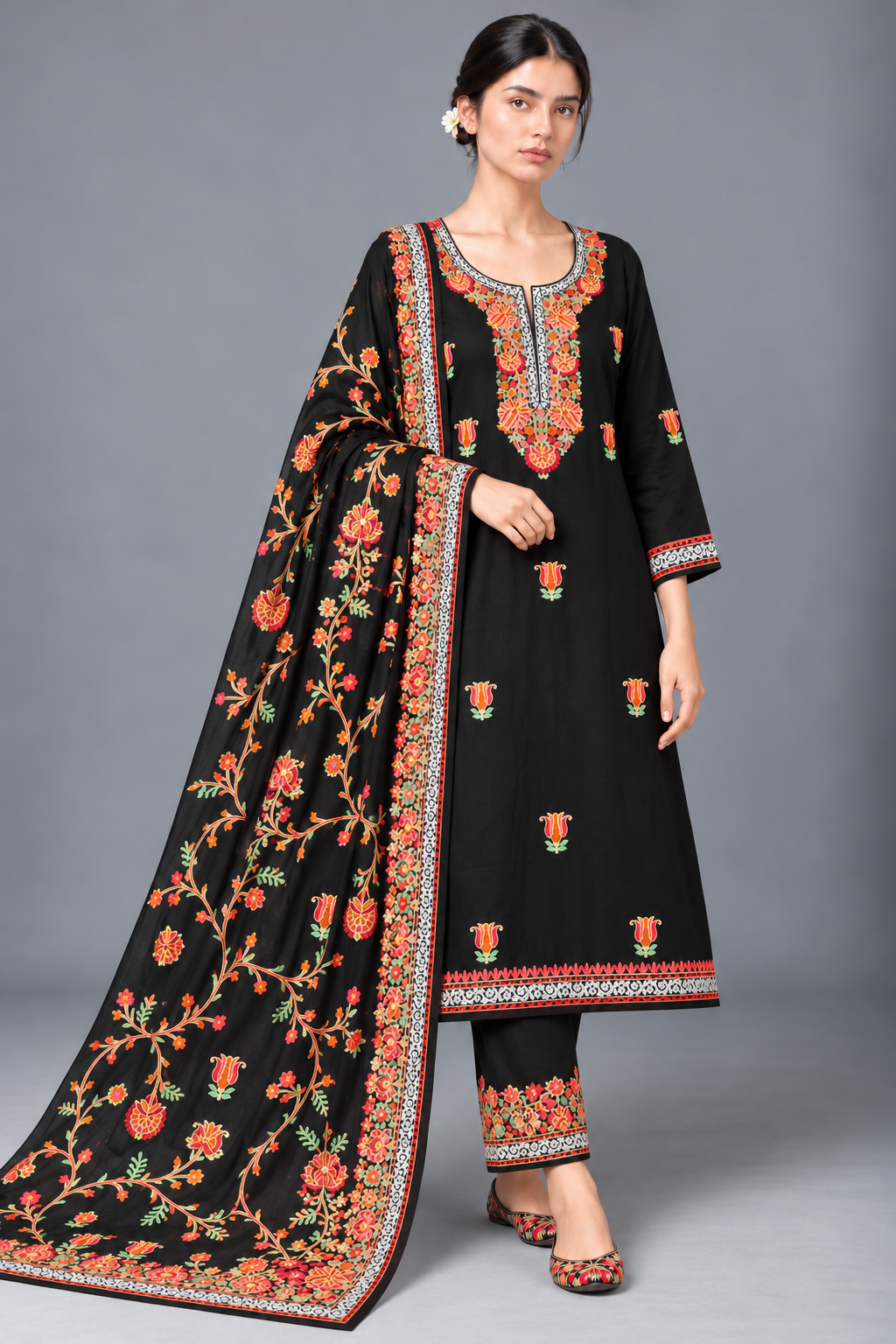 Midnight Elegance in Multicolor Kashmiri Embroidery