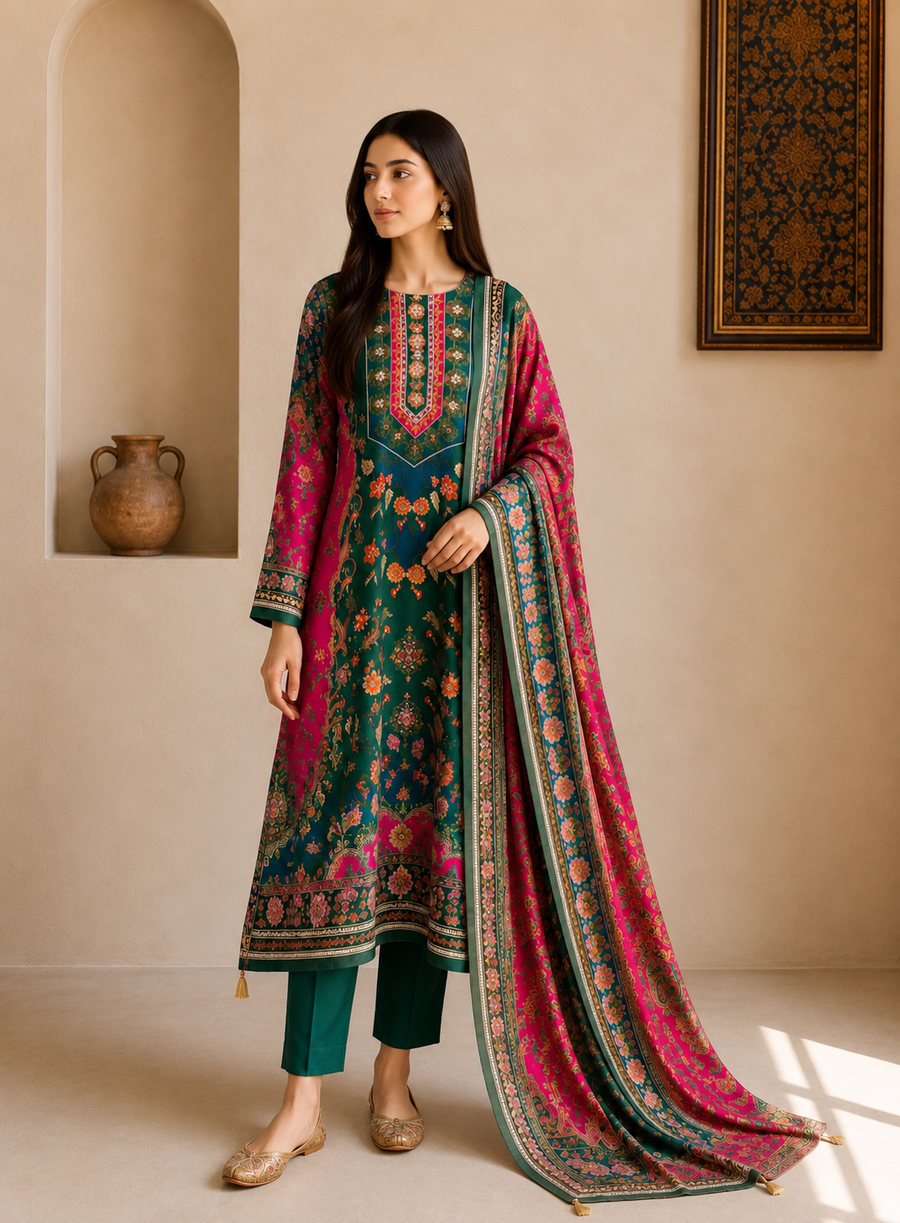 Emerald Bloom Muslin Karanchi Suit Set
