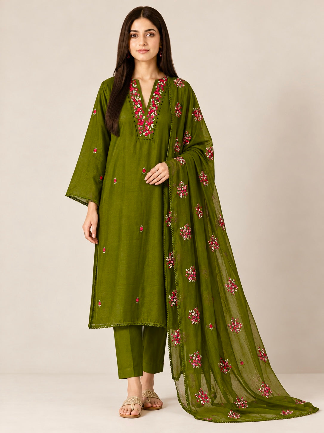 Mehendi Green Hand-Embroidered Pure Mal Mulmul Suit Set