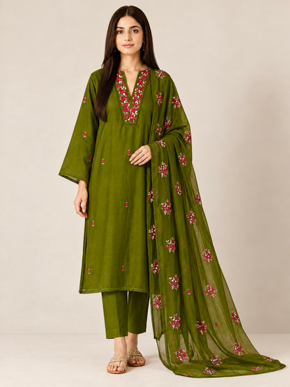 Mehendi Green Hand-Embroidered Pure Mal Mulmul Suit Set