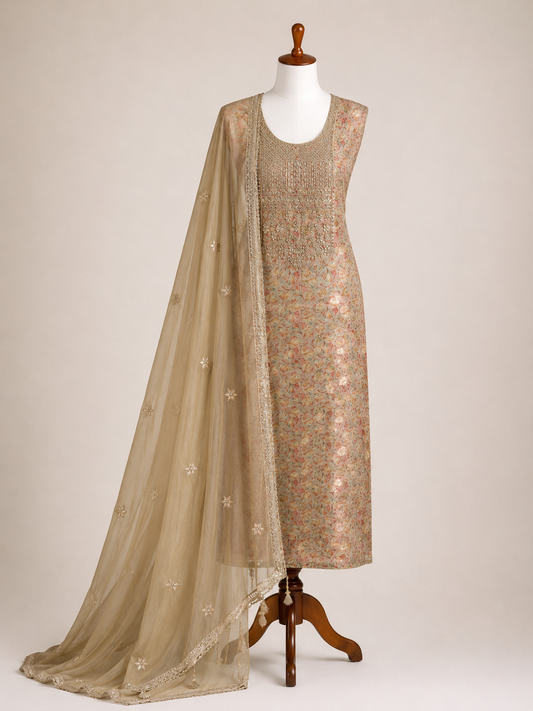 Light Olive Organza Hand Embroidered Salwar Suit