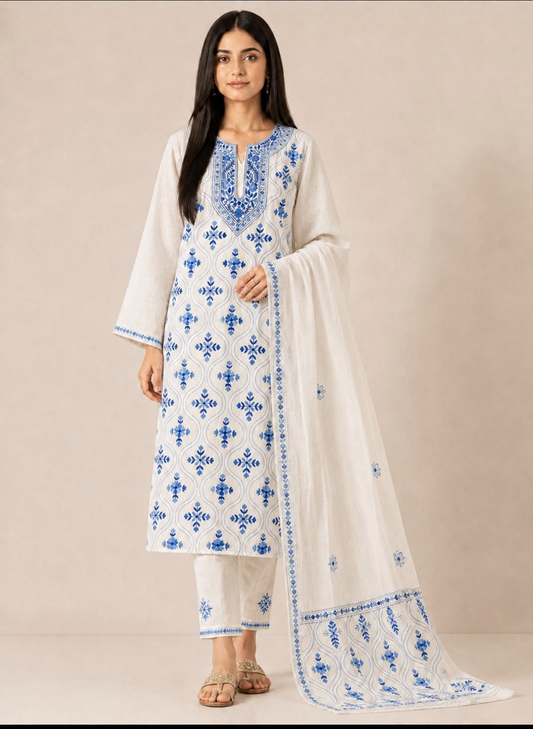 Ivory & Cobalt Blue Pure Cotton Hand-Embroidered Unstitched Dress