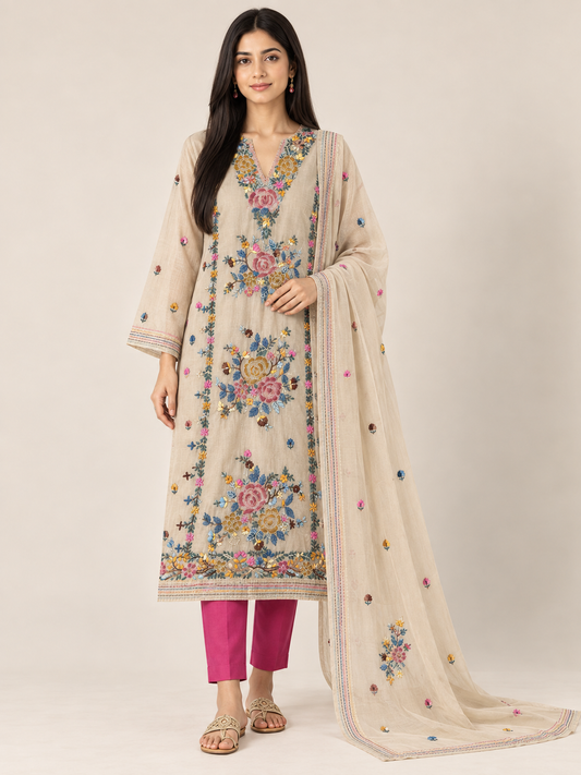 Beige Hand-Embroidered & Brush-Painted Blooms