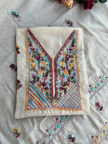 Beige Blossom Hand-Embroidered Chanderi Silk