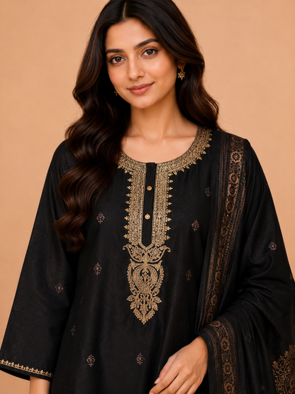 Graceful Black Chanderi Silk Suit with Intricate Coding Neck Works