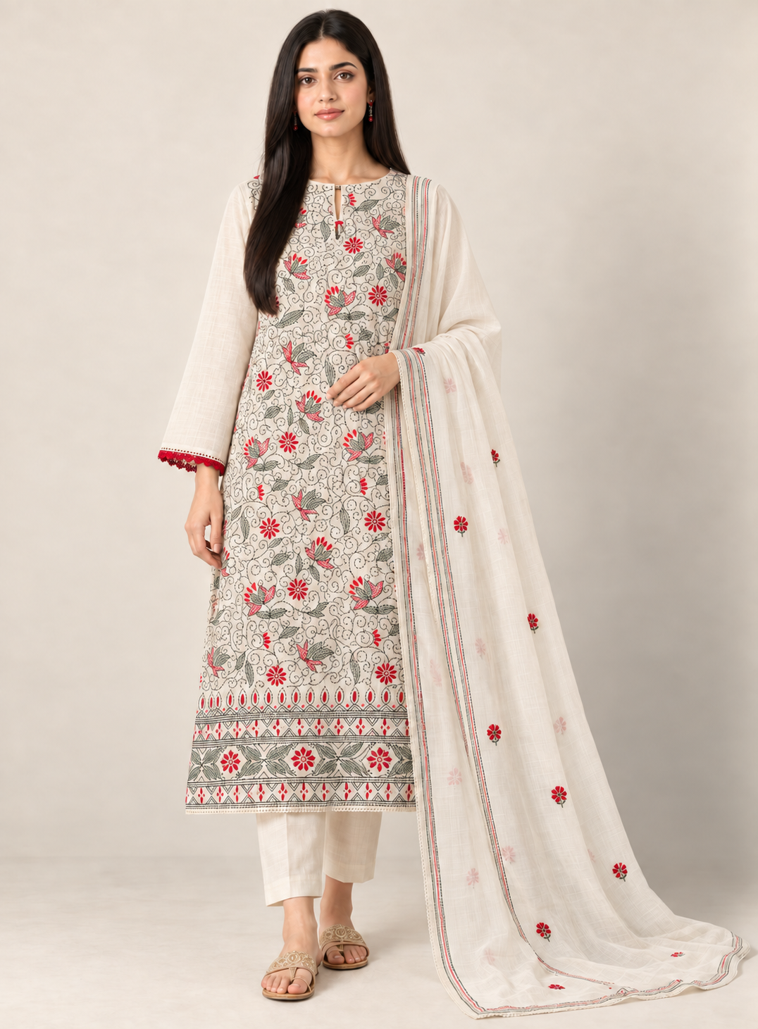 Handcrafted Kantha Embroidered Maheshwari Silk Suit Set