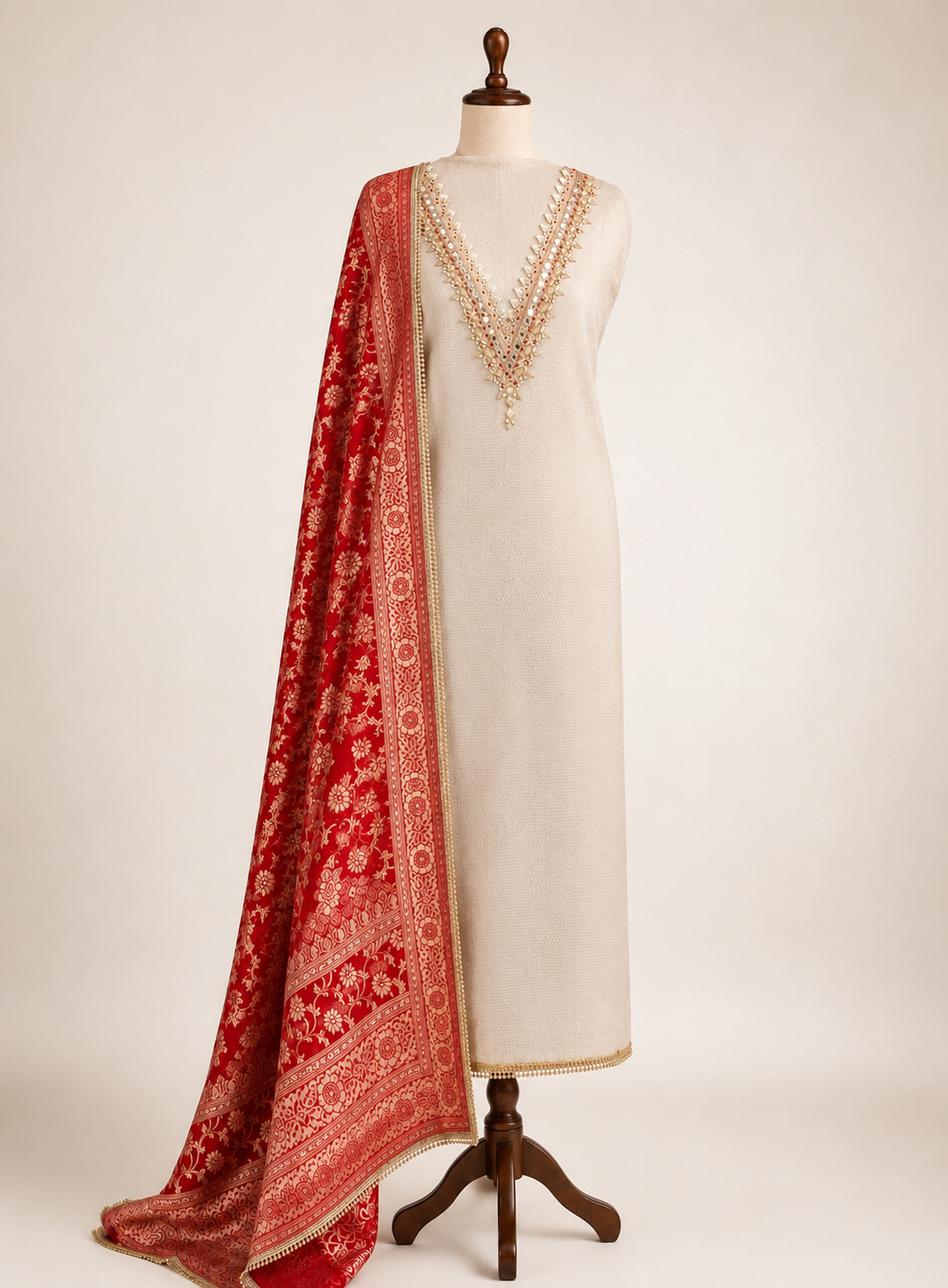 Elegant V-Neck Handwork Suit with Luxurious Dola Banarasi Dupatta