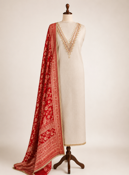 Elegant V-Neck Handwork Suit with Luxurious Dola Banarasi Dupatta