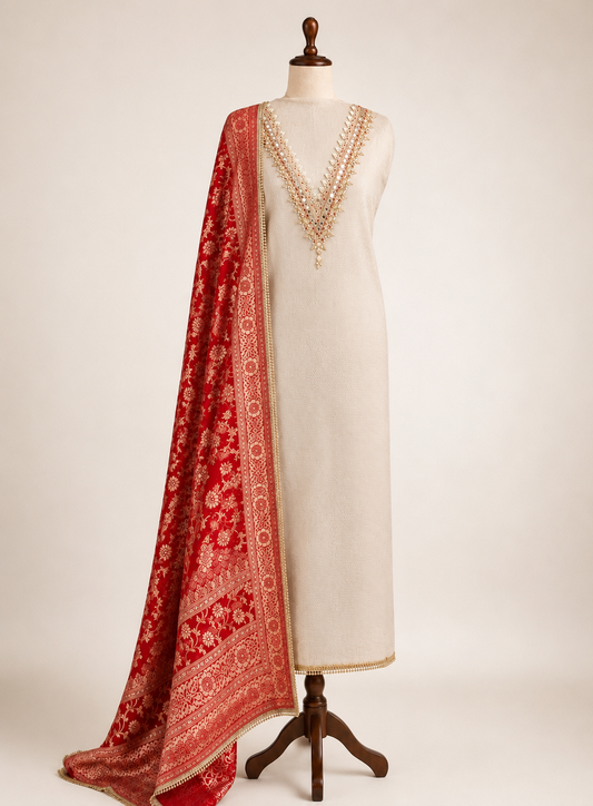 Elegant V-Neck Handwork Suit with Luxurious Dola Banarasi Dupatta