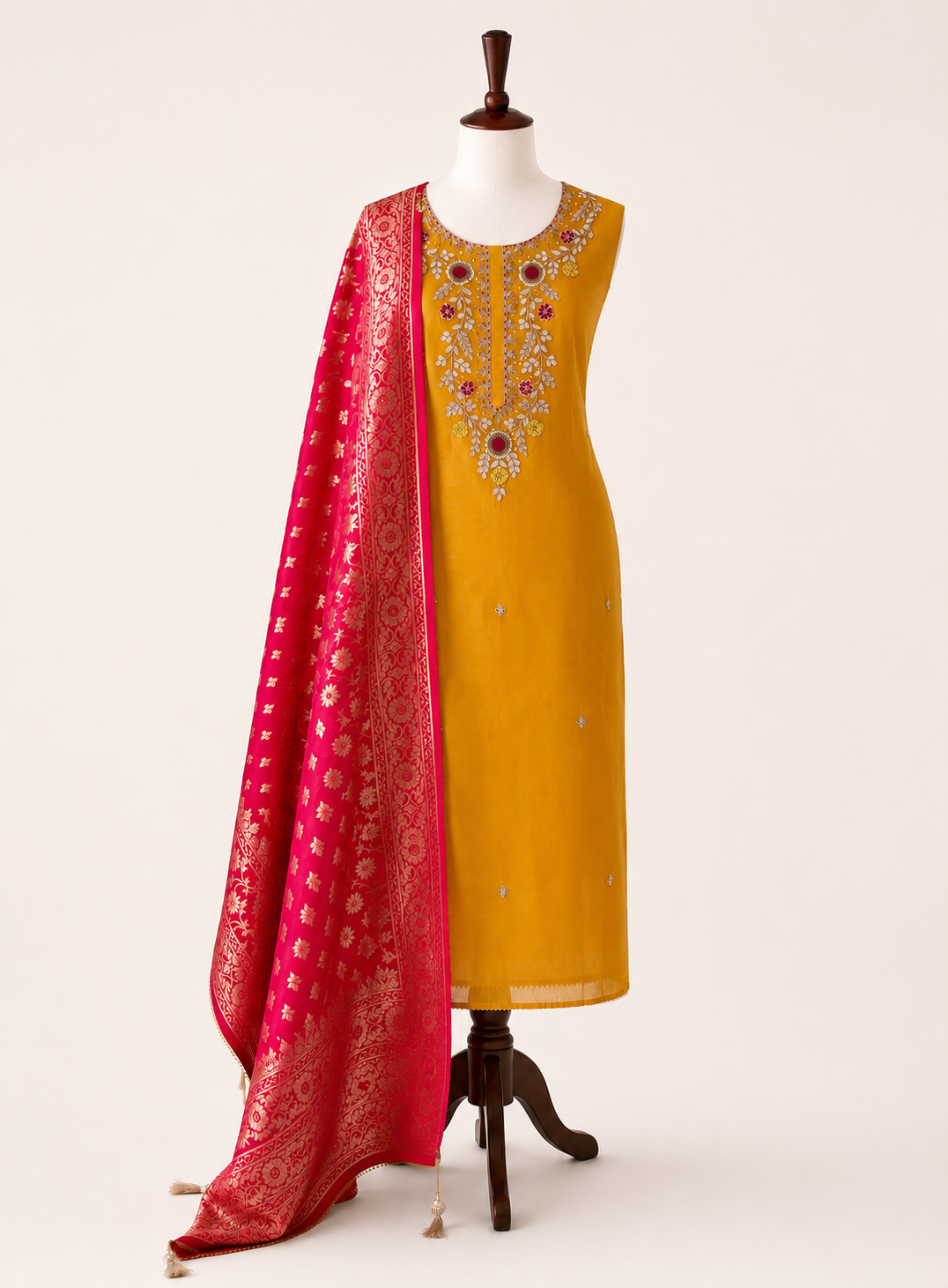 Royal Yellow–Rani Silk Suit with Exquisite Hand Embroidery & Banarasi Char