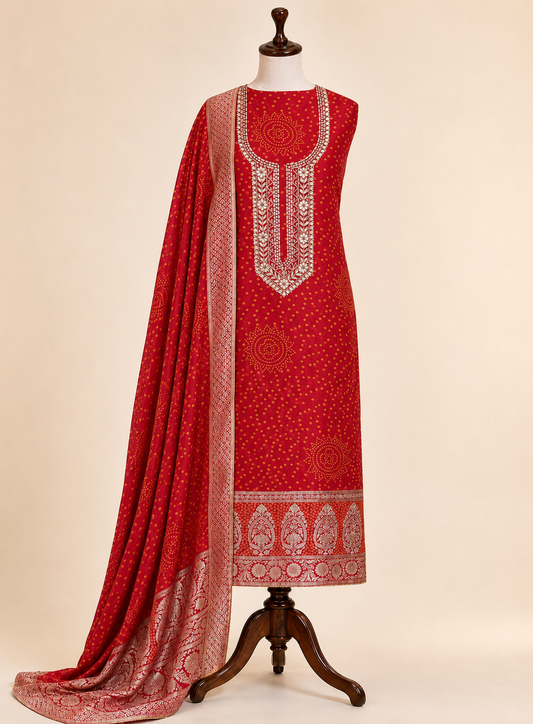 Ruby Red Bandhani Gota Patti Suit