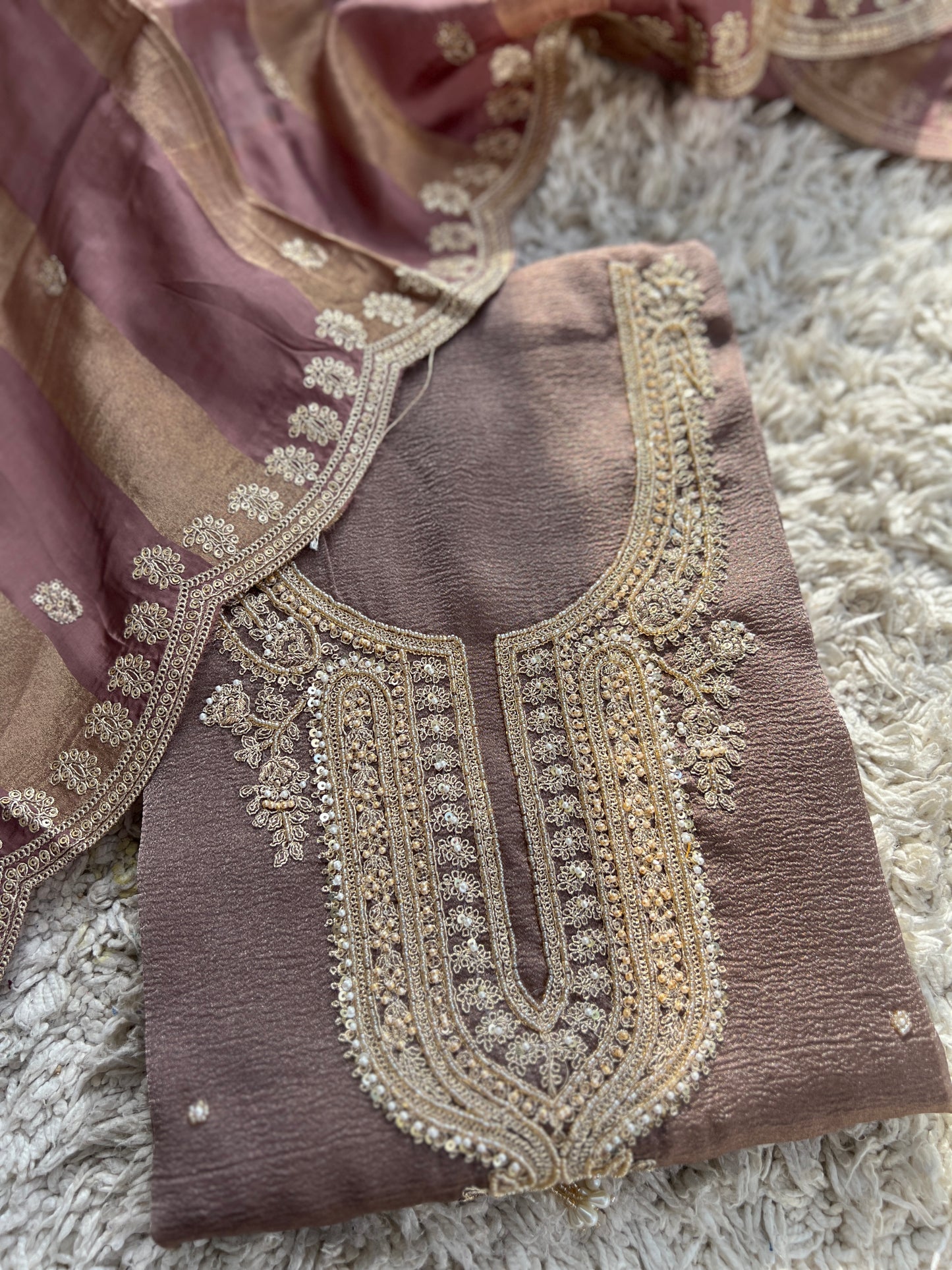 Pastel Elegance Crushed Shimmer Suit with Intricate Hand Embroidery & Silk Dupatta
