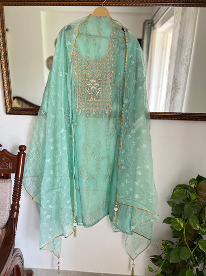 Ethereal Soft Organza Handcrafted Ensemble in Pista Green