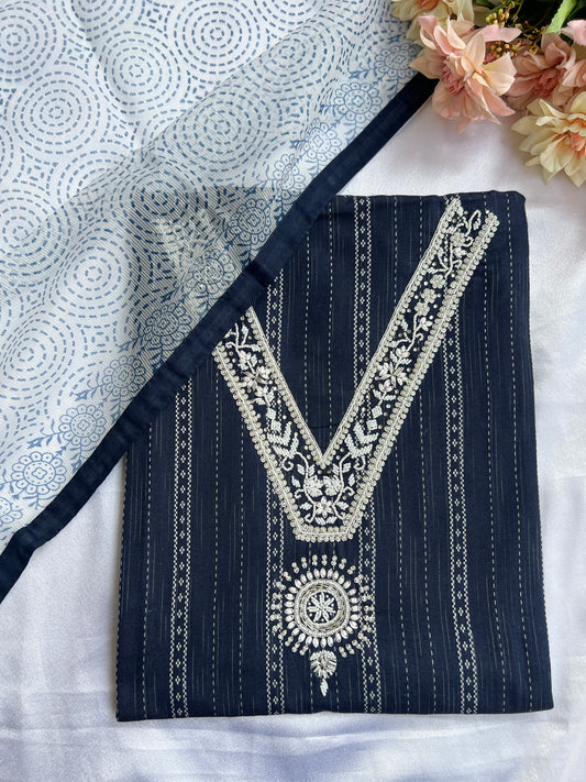 Navy Blue khadi Cotton suit with Handwork & Kota Doriya Dupatta