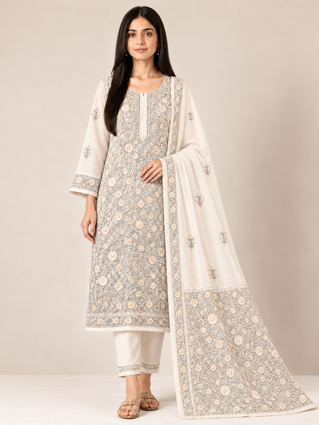 Ivory Tone-to-Tone Mal Chanderi Unstitched Suit Set
