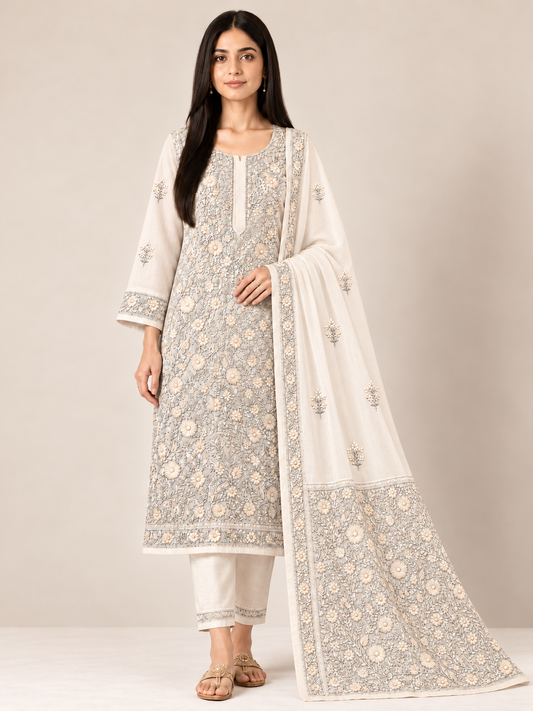 Ivory Tone To Tone Mal Chanderi Hand-Embroidered Suit Set