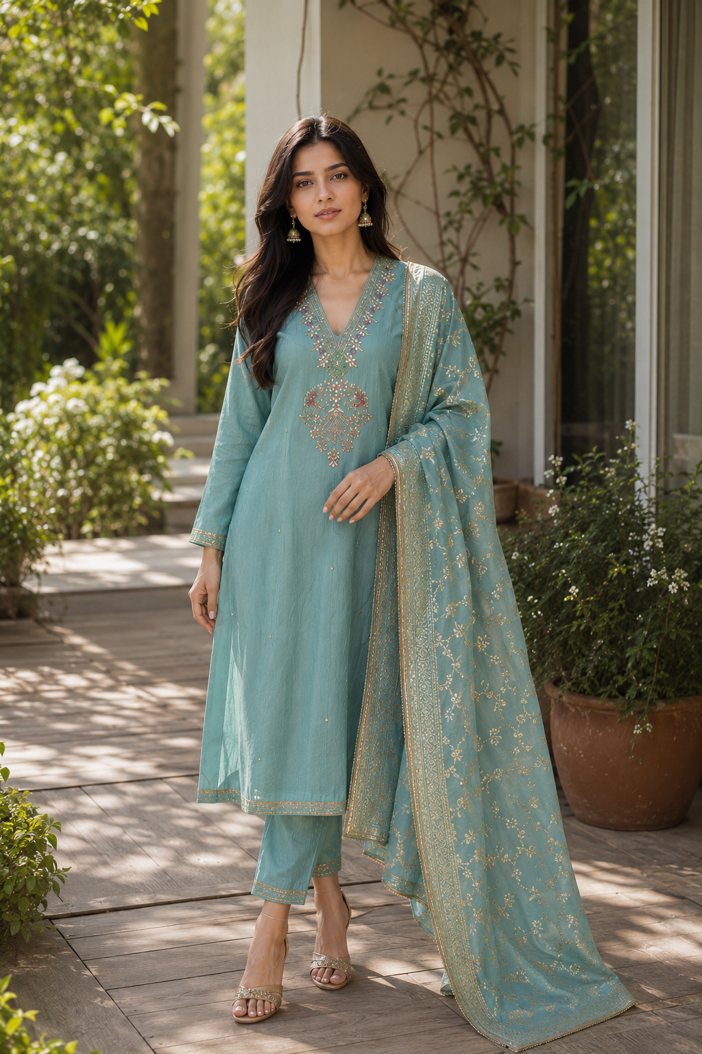 Soft Glow – Handworked Crushed Shimmer Silk Suit