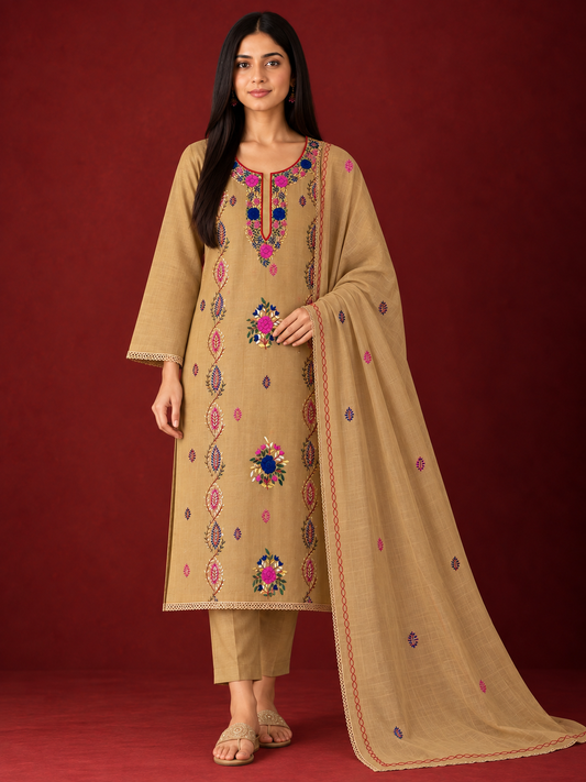Beige Brown  Pure Cotton Parshi Handwork Suit Set