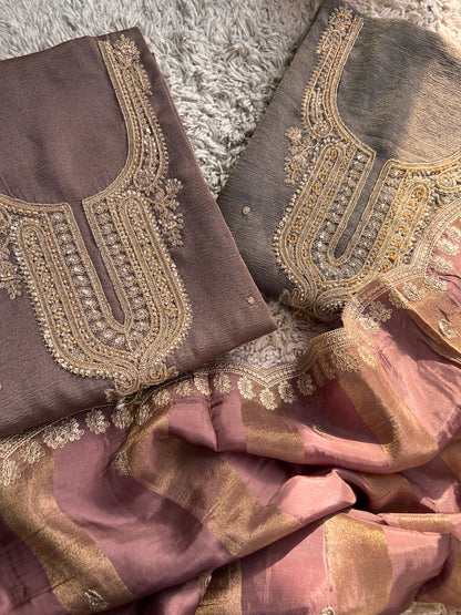 Pastel Elegance Crushed Shimmer Suit with Intricate Hand Embroidery & Silk Dupatta