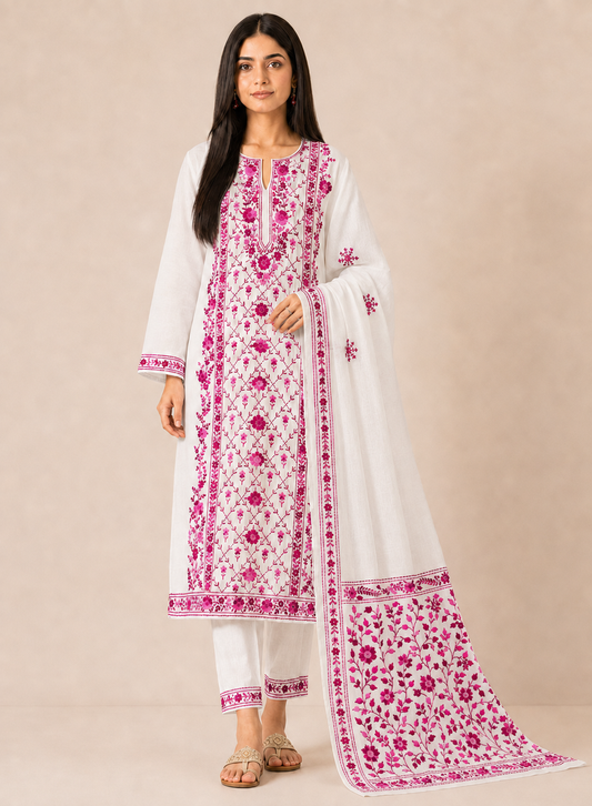 Ivory & Fuchsia Pure Cotton Hand-Embroidered Unstitched Dress