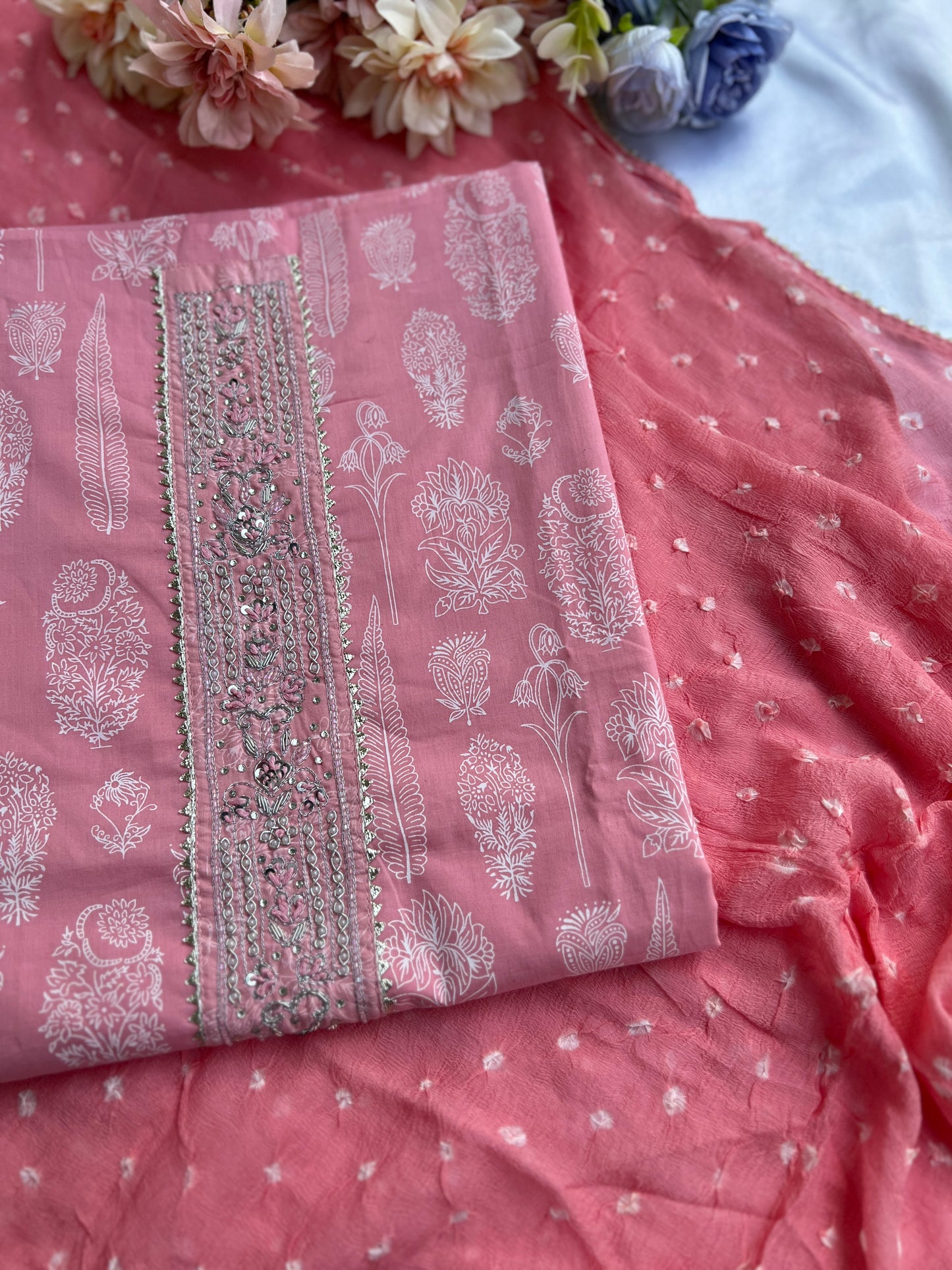 Soft Blush Pink Cotton Suit with Elegant Handwork