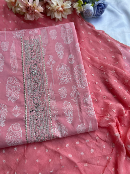 Soft Blush Pink Cotton Suit with Elegant Handwork