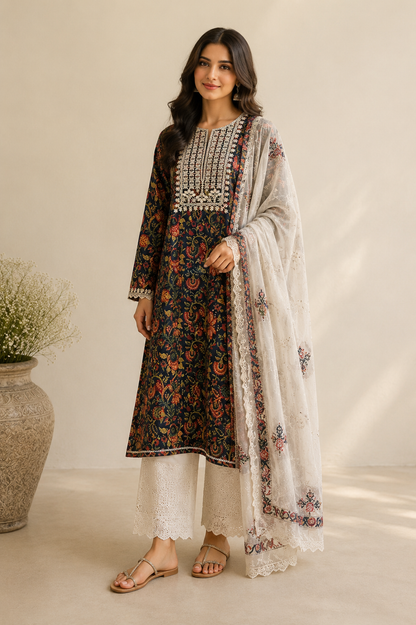 Embroidered Handblock Cotton Suit Set