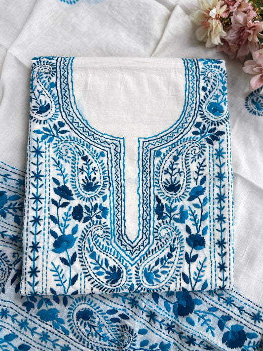 Ivory & Midnight Blue Hand Embroidered Cotton Suit Set