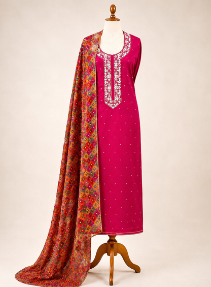 Fuchsia Silk Ensemble with Intricate Hand Embroidery & Chiffon Nanki Dupatta