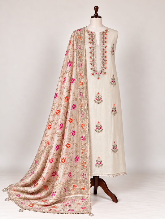 Moon white  Chanderi Silk with Intricate Hand Embroidery