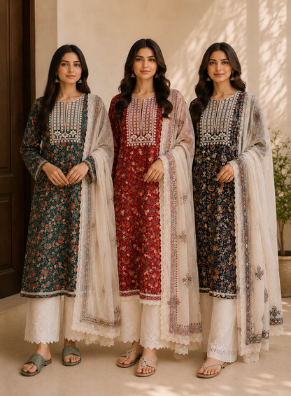 Embroidered Handblock Cotton Suit Set