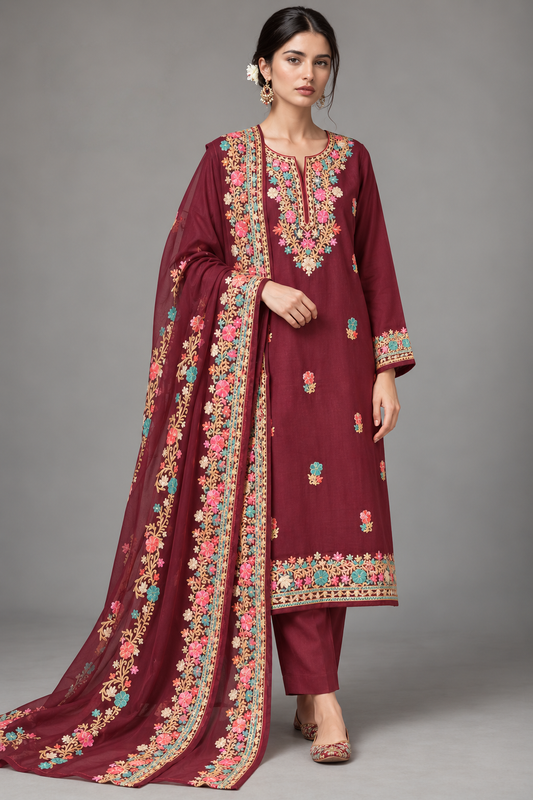 Wine Maroon Kashmiri Embroidered Suit Set with Chiffon Dupatta
