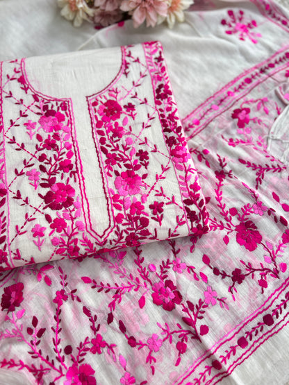 Ivory & Fuchsia Pure Cotton Hand-Embroidered Unstitched Dress