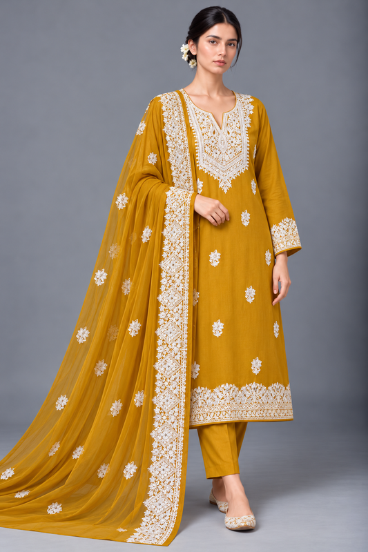 Mustard Yellow Modal Cotton Kashmiri Suit Set with White Chiffon Embroidered Dupatta