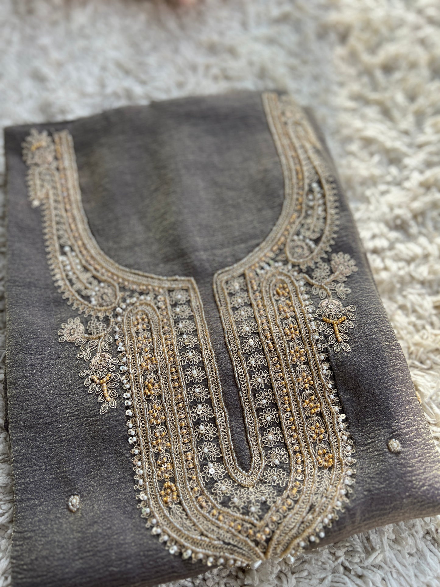 Pastel Elegance Crushed Shimmer Suit with Intricate Hand Embroidery & Silk Dupatta