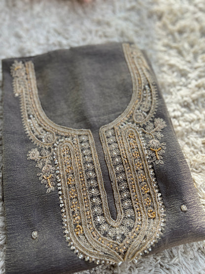 Pastel Elegance Crushed Shimmer Suit with Intricate Hand Embroidery & Silk Dupatta
