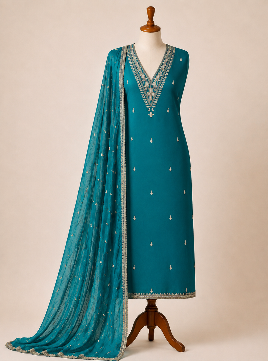 Ice Blue Shimmer Silk Handwork Unstiched suit