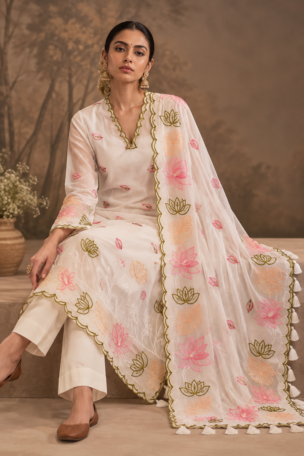 Ivory Tissue Cutwork Appliqué Suit Set