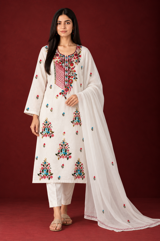Pure Mul Cotton Hand-Embroidered Suit Set
