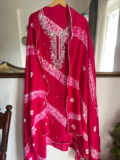 Handwork Maslin Laheriya Suit set