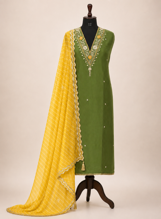 Elegant Russian Crepe V-Neck Suit with Handcrafted Elegance