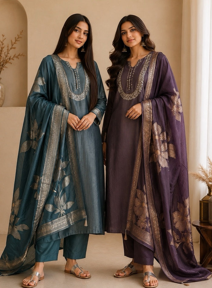 U-Neck Shimmer Silk Suit with Handwork & Floral Dola Silk Dupatta