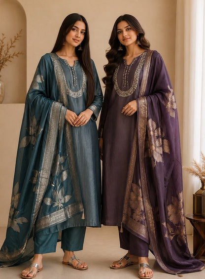U-Neck Shimmer Silk Suit with Handwork & Floral Dola Silk Dupatta